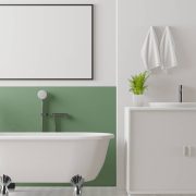 3D illustration luxury bathroom with barhtub, mockup photo frame on beautiful the wall, Decorated with comfortable equipment and plant, rendering