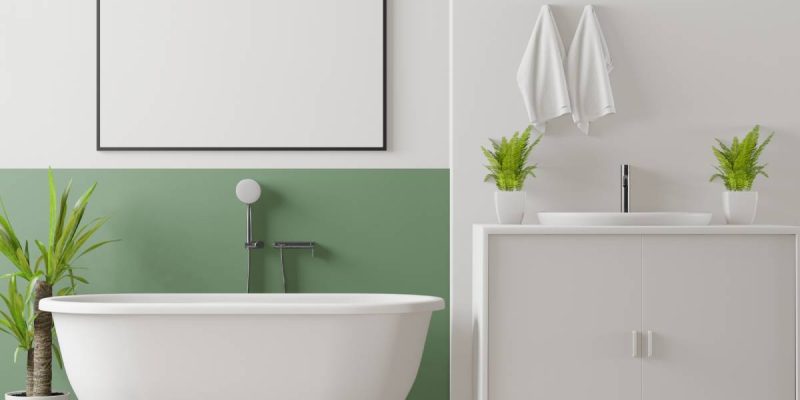 3D illustration luxury bathroom with barhtub, mockup photo frame on beautiful the wall, Decorated with comfortable equipment and plant, rendering