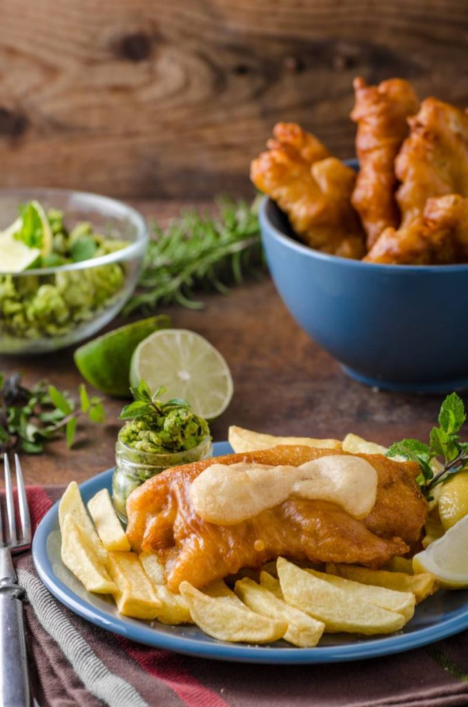 Fish and chips, homemade delicious with pesto from peas