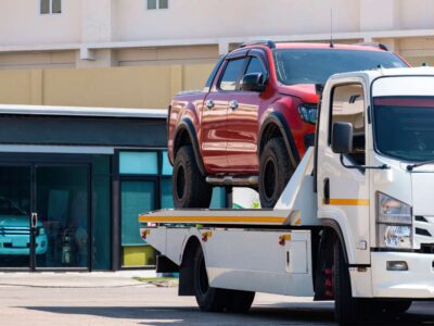 Broken red pickup car loaded onto white towing truck in public area for transportation to garage