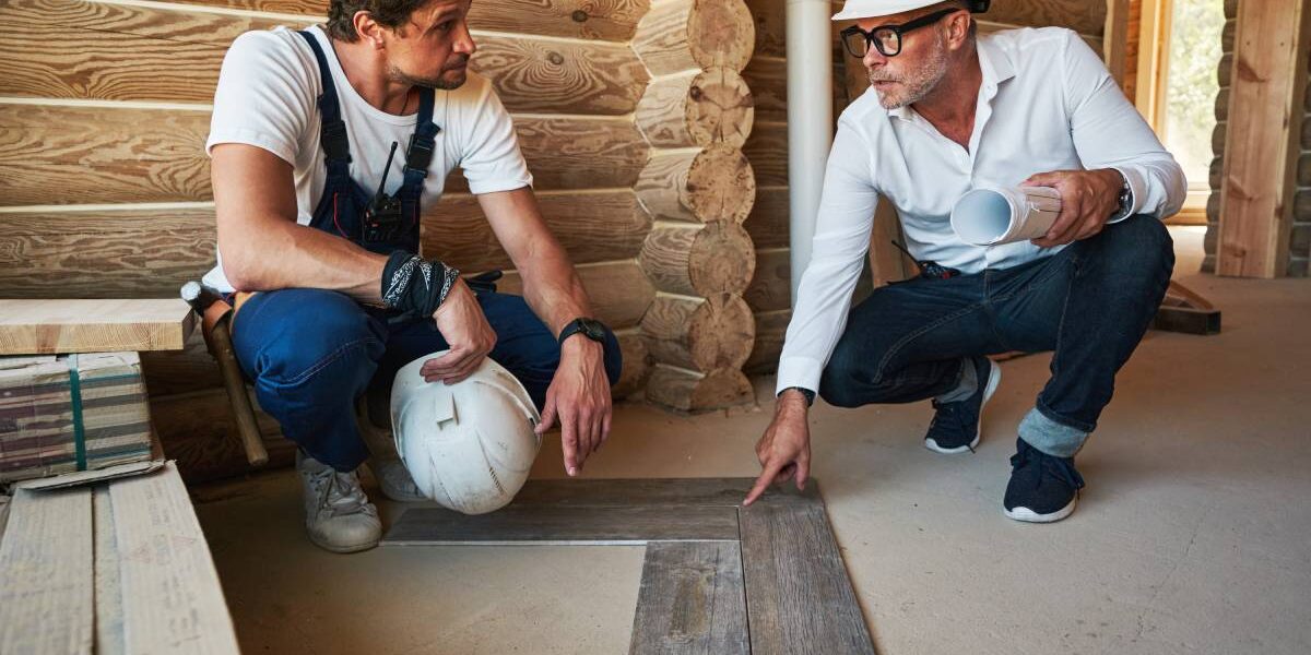 Housebuilder and construction specialist squatting near pieces of parquet while discussing the correct way to install it