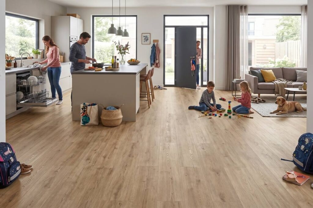 SPC rigid core flooring in open plan living dining area high traffic