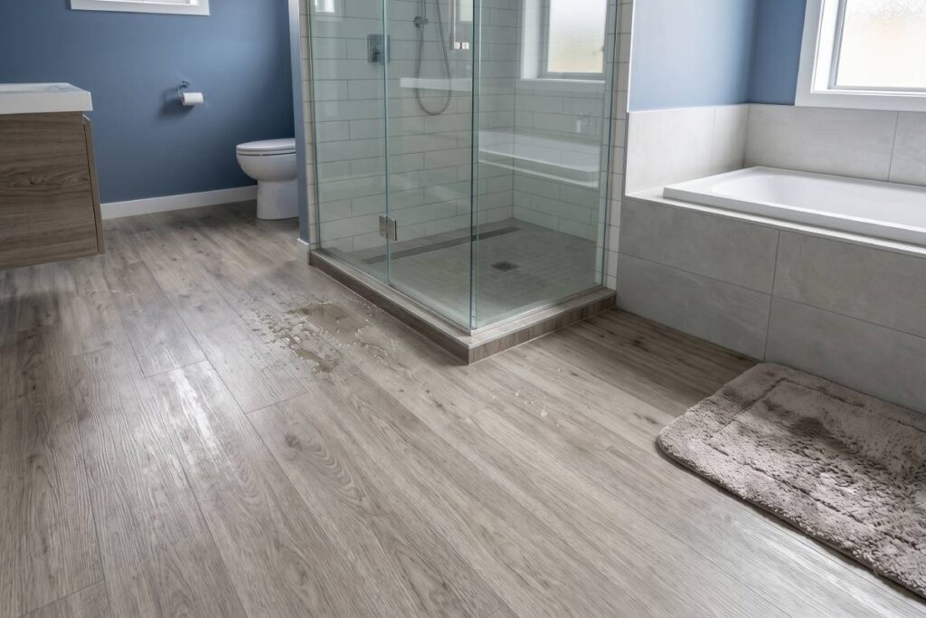 Waterproof SPC hybrid flooring in bathroom wet area installation
