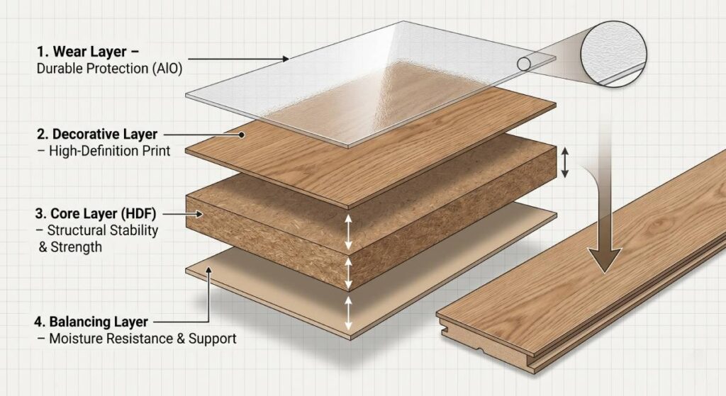Laminate flooring layer structure showing HDF core, print layer, wear layer and backing