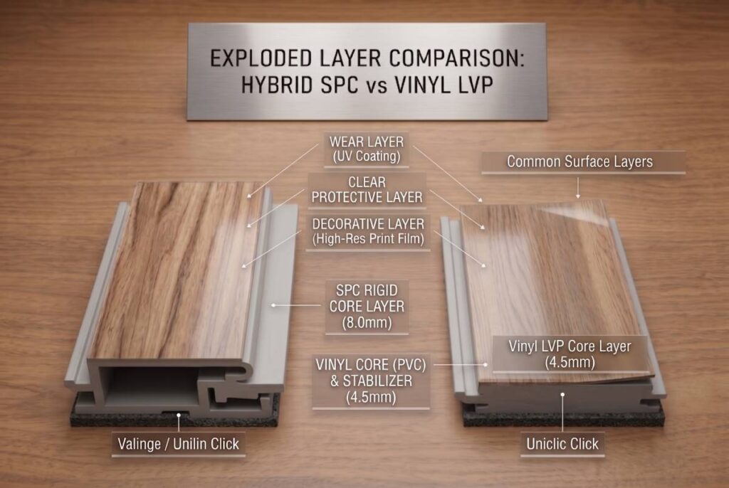 Hybrid flooring layers vs vinyl plank layers comparison