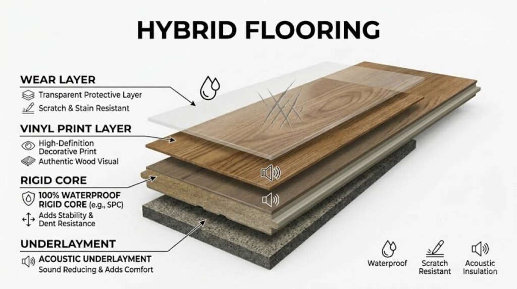 Hybrid flooring layer construction showing wear layer, vinyl print layer, rigid core, and underlayment